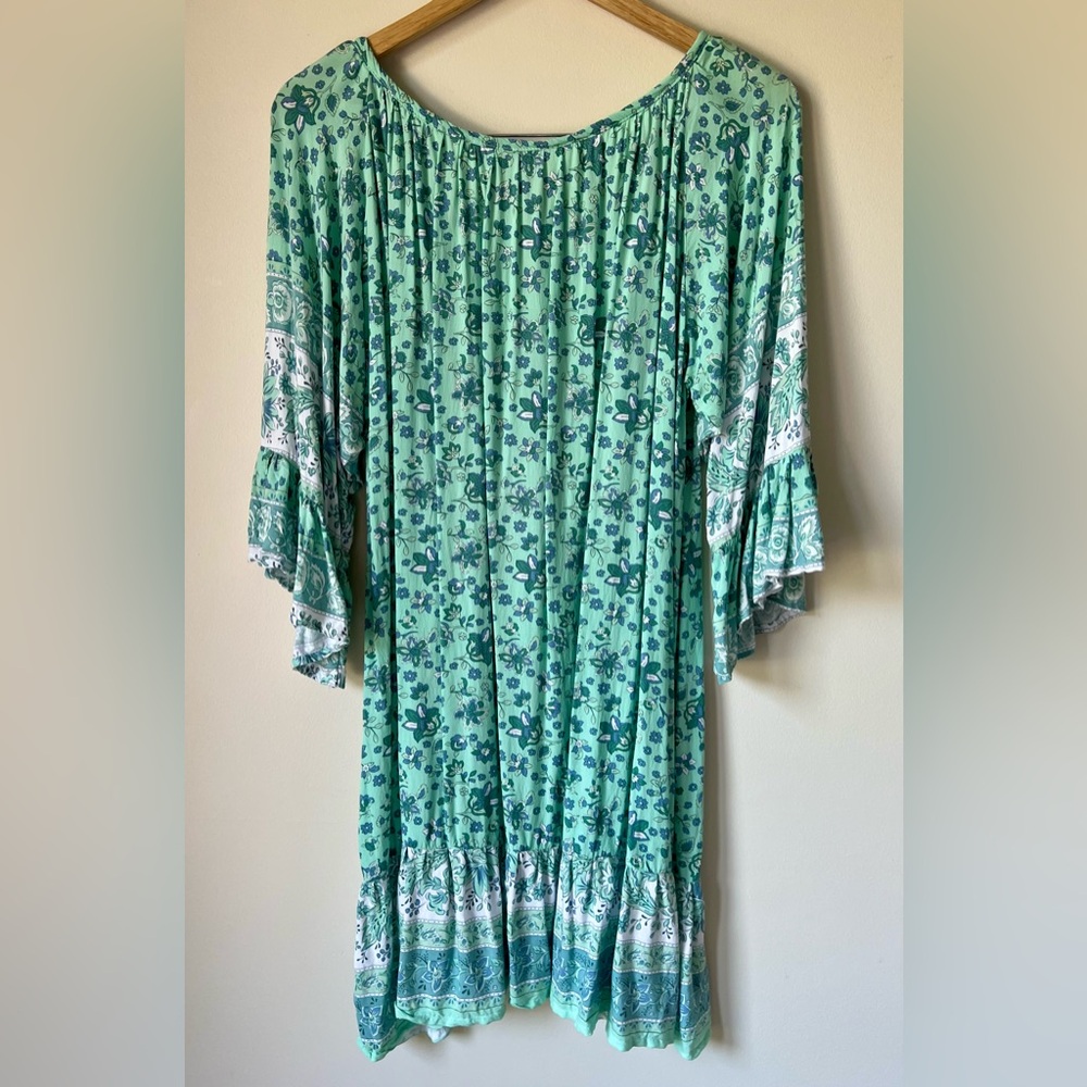 Silk Floral Boho Dress Tiered Bell Sleeves Tassel Tie Mint Green Size XL - Picture 3 of 9